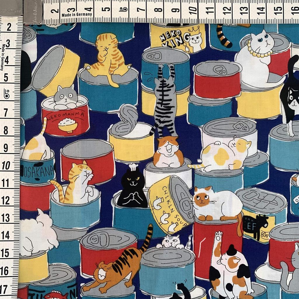 Cotton Cute Cat Print Fabric for Handmade and 150cm Plain Weave Navy 100% Patchwork, Clothes, Crafts, Wide, (Dark Background, 200cm)