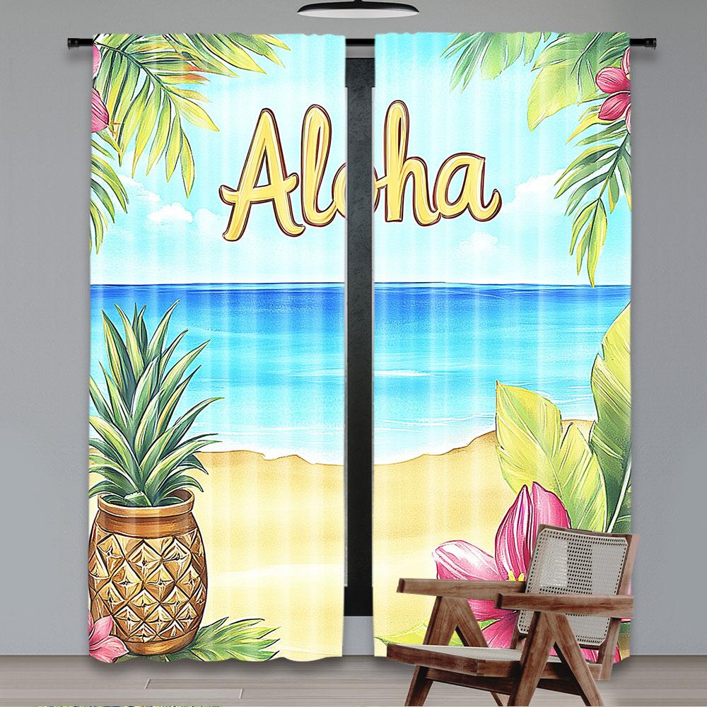Aloha Curtain Hawaiian Tropical Beach Summer Landscape Birthday Party Decorations Drapes All Season Charm Living Room Set Of 2 Made Polyester Washable