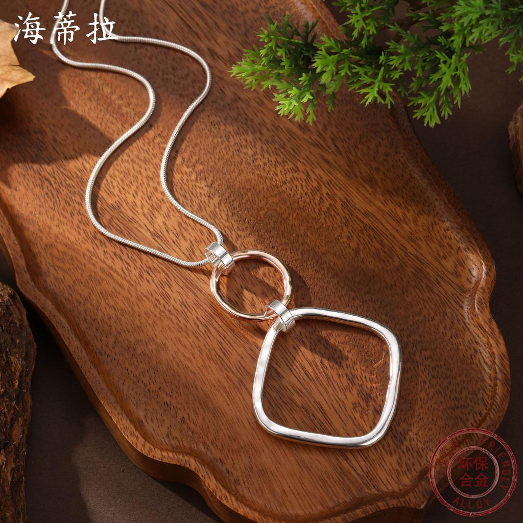 New Hollow Geometric Square Ring Long Pendant, Women's High-end Irregular Long Necklace