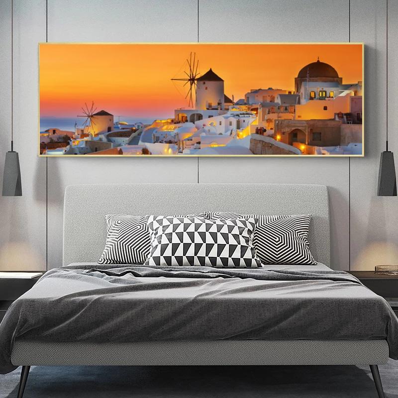 Greek Village Posters Santorini Landscape Painting Canvas Prints Wall Art Pictures for Living Room Sunset Sea Cuadro No Frame
