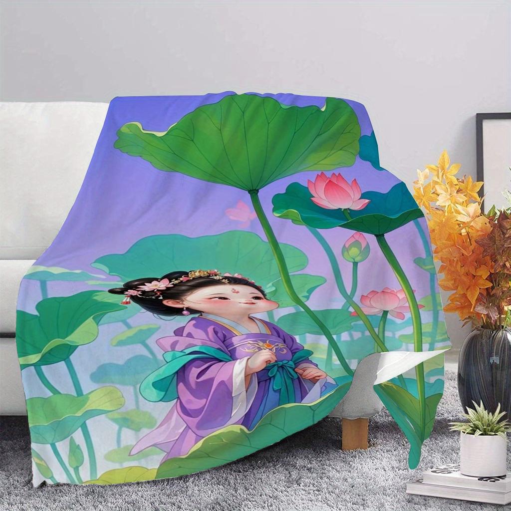 Traditional costume cute girl pattern Flannel printed blanket suitable for all seasons suitable for room office sofa and travel
