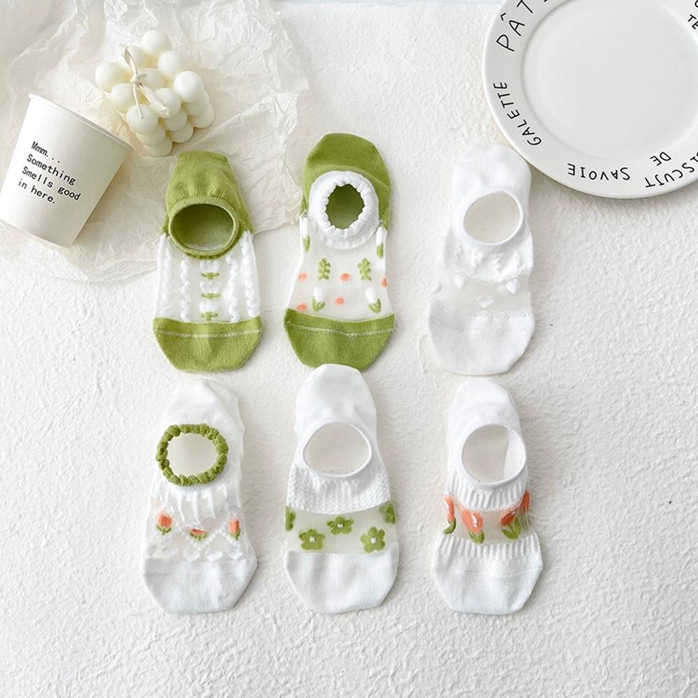 6 Pairs Women's Floral Mesh No-Show Socks Y2K Kawaii Lace Trim Breathable Ankle Socks With Harajuku Style Green Cute Boat Socks