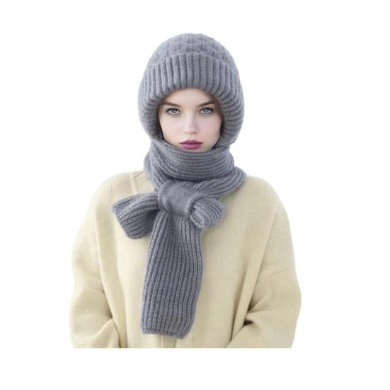 Winter Knit Hat with Integrated Scarf Solid Color Thickened Velvet Women Hat Long Scarf Set Cold Weather Headwear