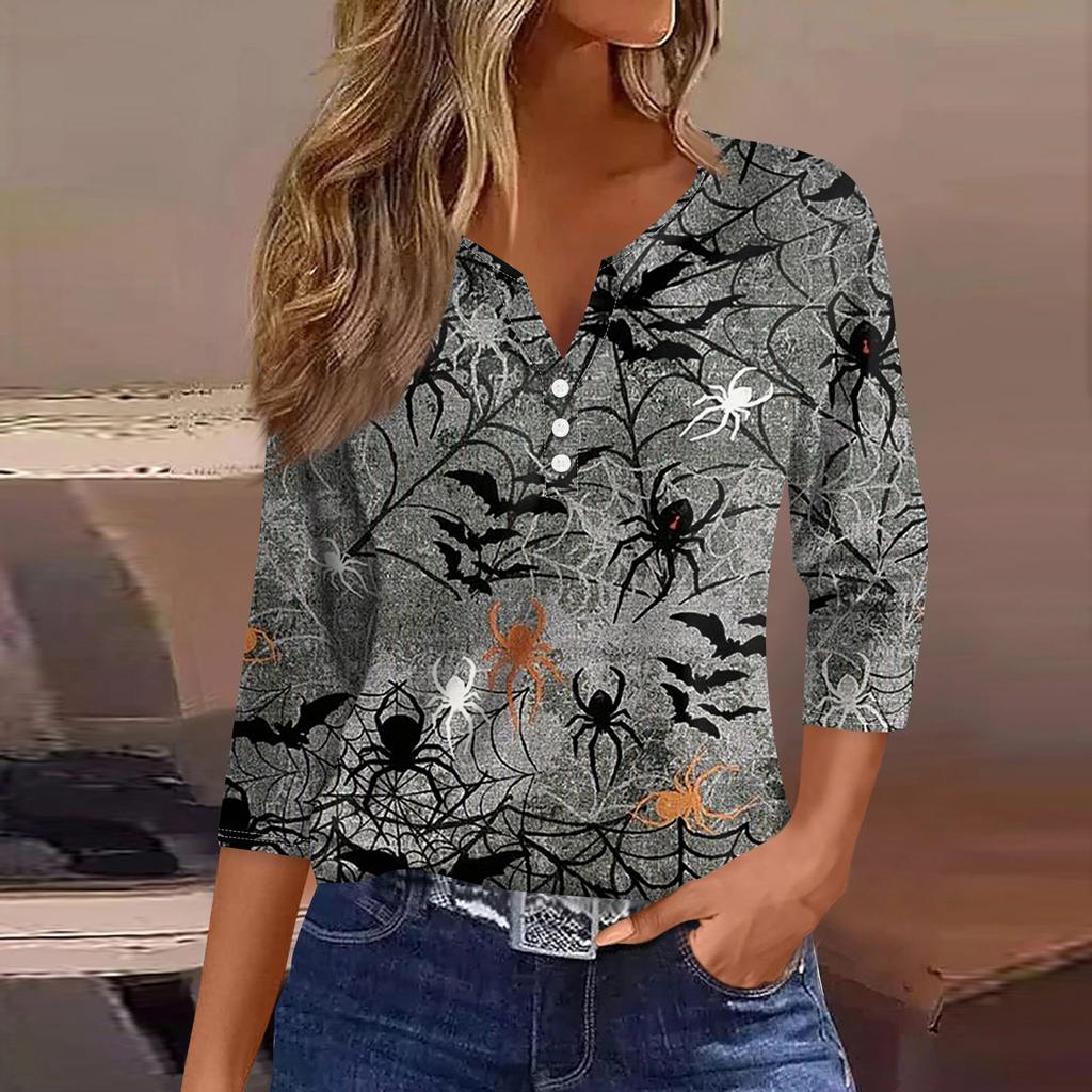 3/4 Length Sleeve Womens Tops Floral Halloween Print Vintage Fashion Casual Loose With V Neck Plus Size Shirts