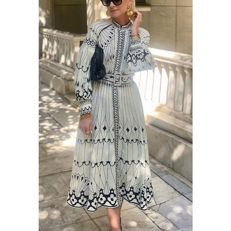 YYFS Women's Fashion Spring Fall Flower Pattern Print Long Sleeve Stand-collar High Waist Casual Dresses