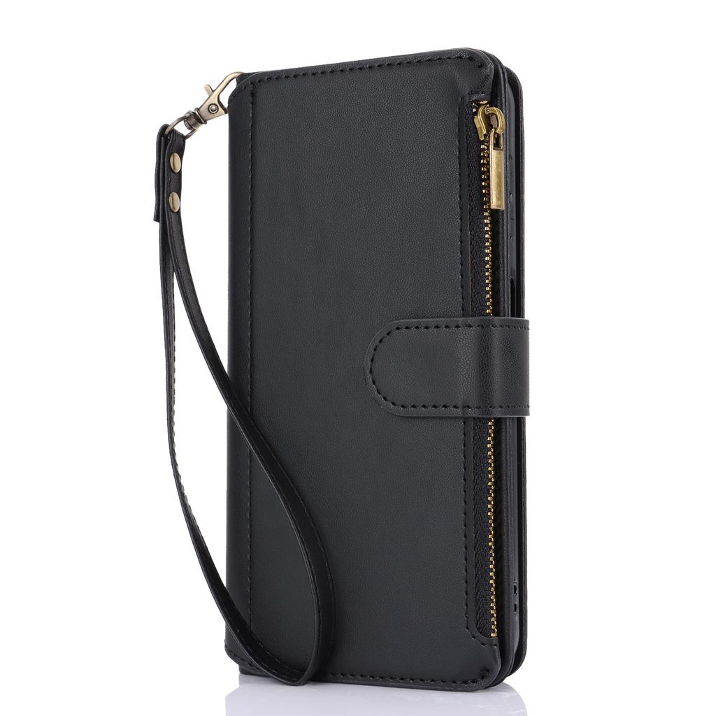 Multi Card Zippered Wallet with Short Hand Rope and Long Hanging Rope Phone Cover Case for iPhone Series/Samsung Series