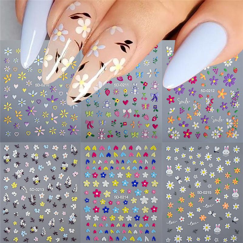 3D Nail Art Stickers Spring Summer White Daisy Florals Flowers Leaves Fruits Decals For Nails Decoration Manicure Salon Beauty