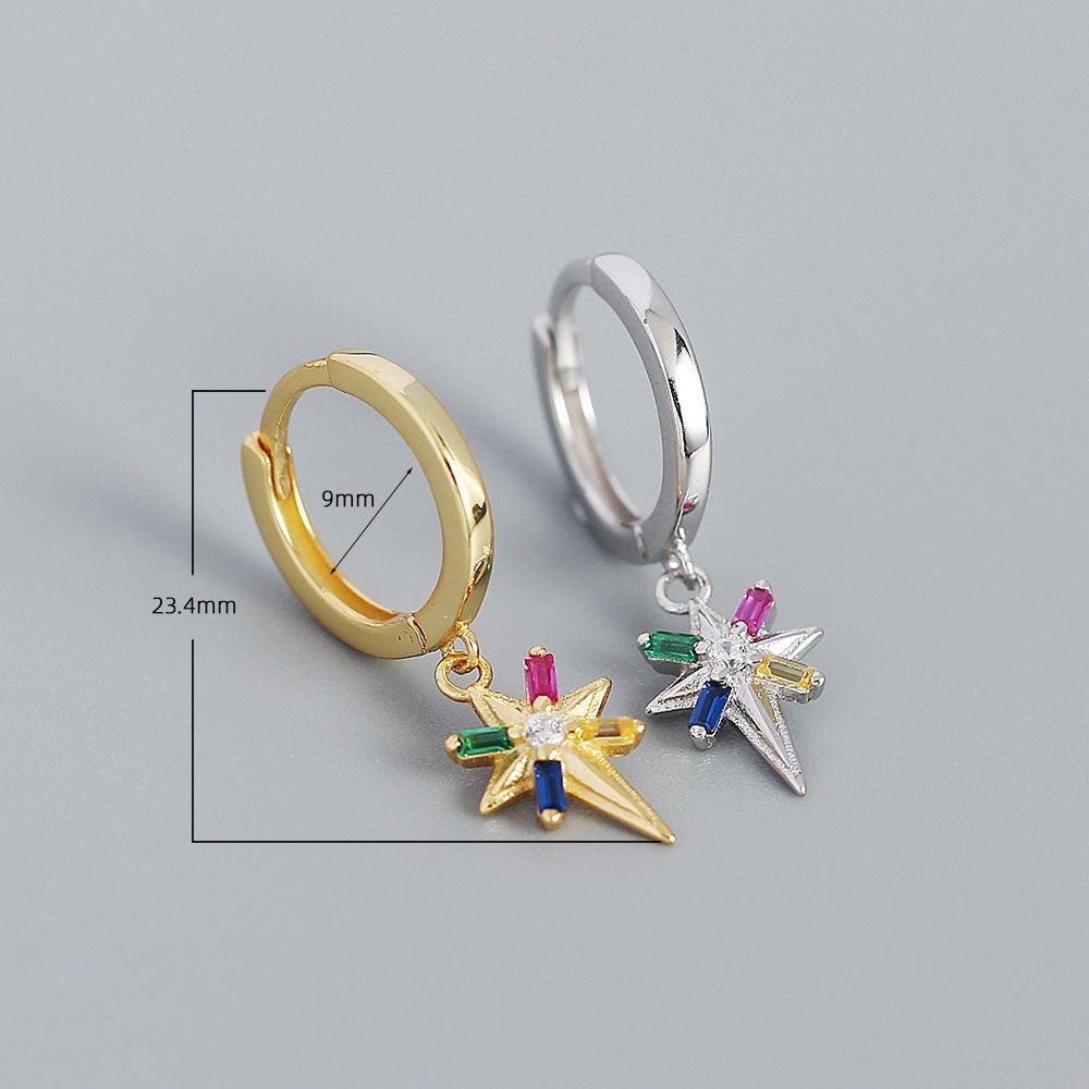 Женские серьги-кольца из серебра 925 пробы в стиле минимализма с восьмиконечной звездой и цветными бриллиантами, металлическая пряжка для ушей