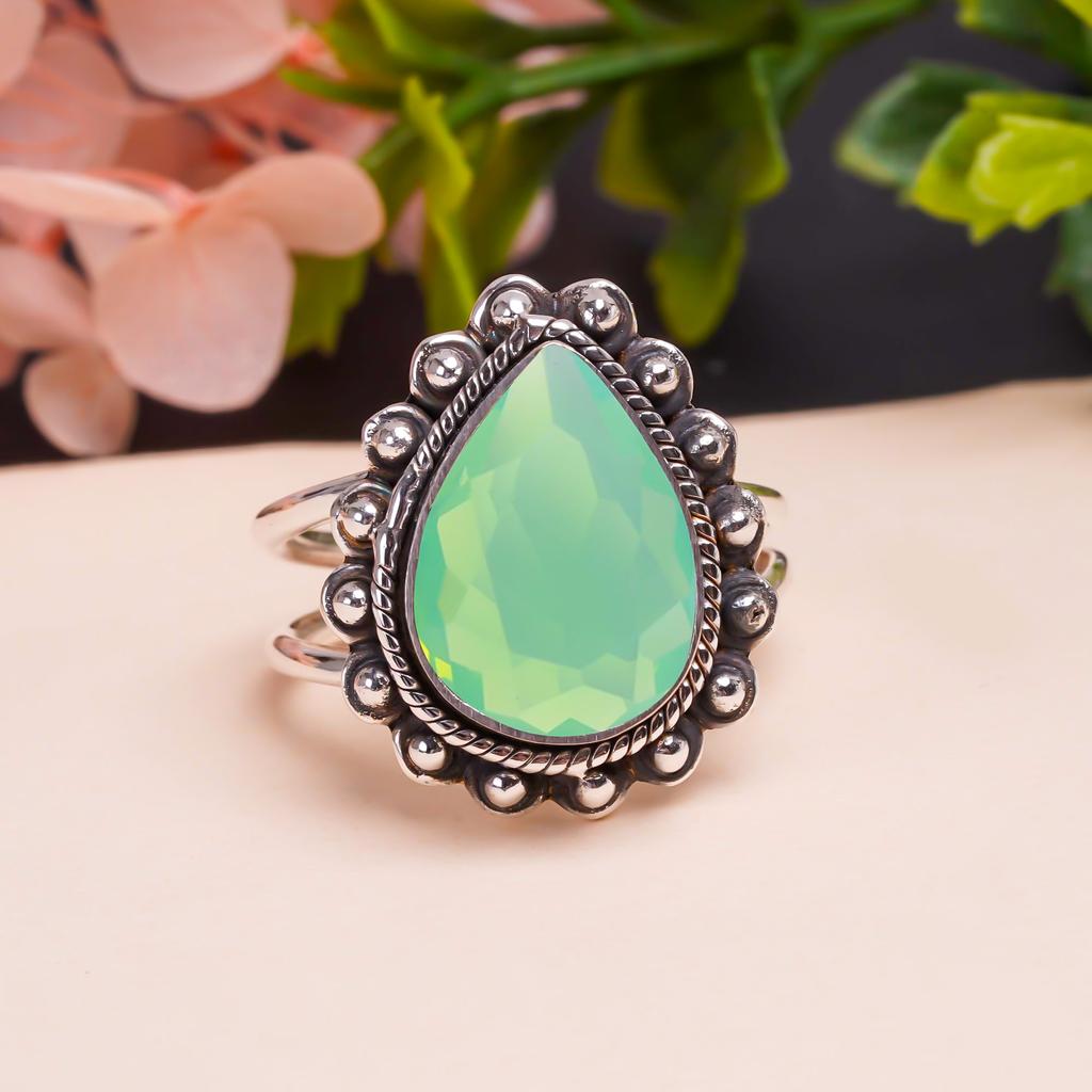 Кольцо с зеленым молочным опалом, серебро 925 пробы, V9464, зеленое кольцо, грушевидное кольцо, подарок на День святого Валентина, подарок для нее, подарок на день рождения, ювелирные изделия ручной работы, S