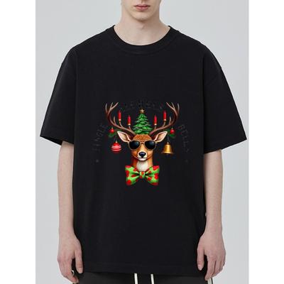 Рождественская футболка с оленем Черный олень в солнцезащитных очках и с галстуком-бабочкой Рождественская елка и колокольчики Звени во весь голос Праздничная одежда для вечеринки