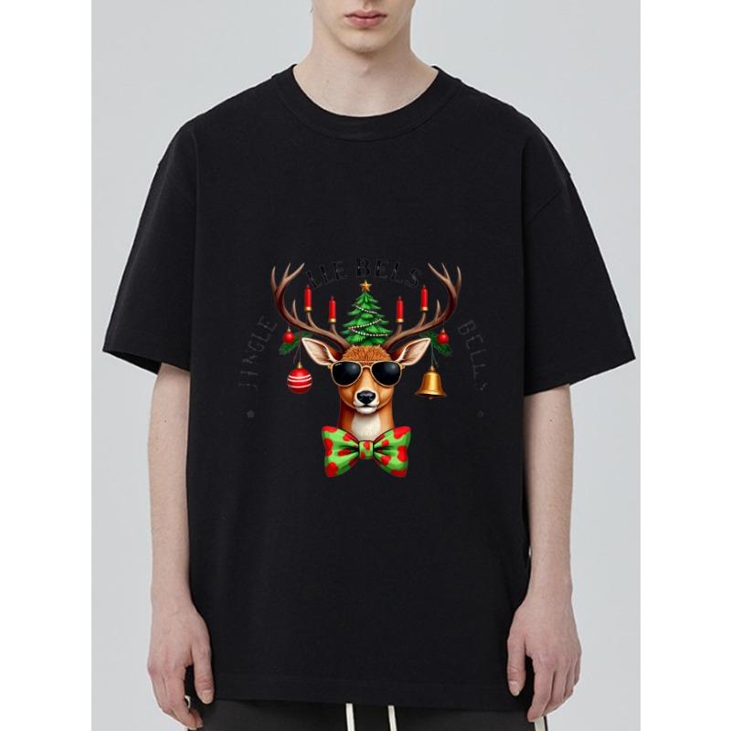 Christmas Deer T Shirt Black Reindeer with Sunglasses and Bowtie Christmas Tree and Bells Jingle All The Way Holiday Party Wear