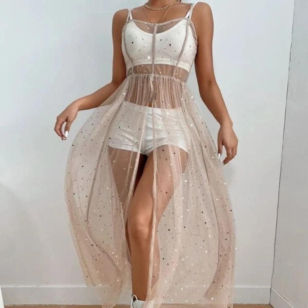 Плиссированное женское платье-накидка с блестящими точками, платье-комбинация на бретелях, подъюбник, летнее тюлевое платье для женщин