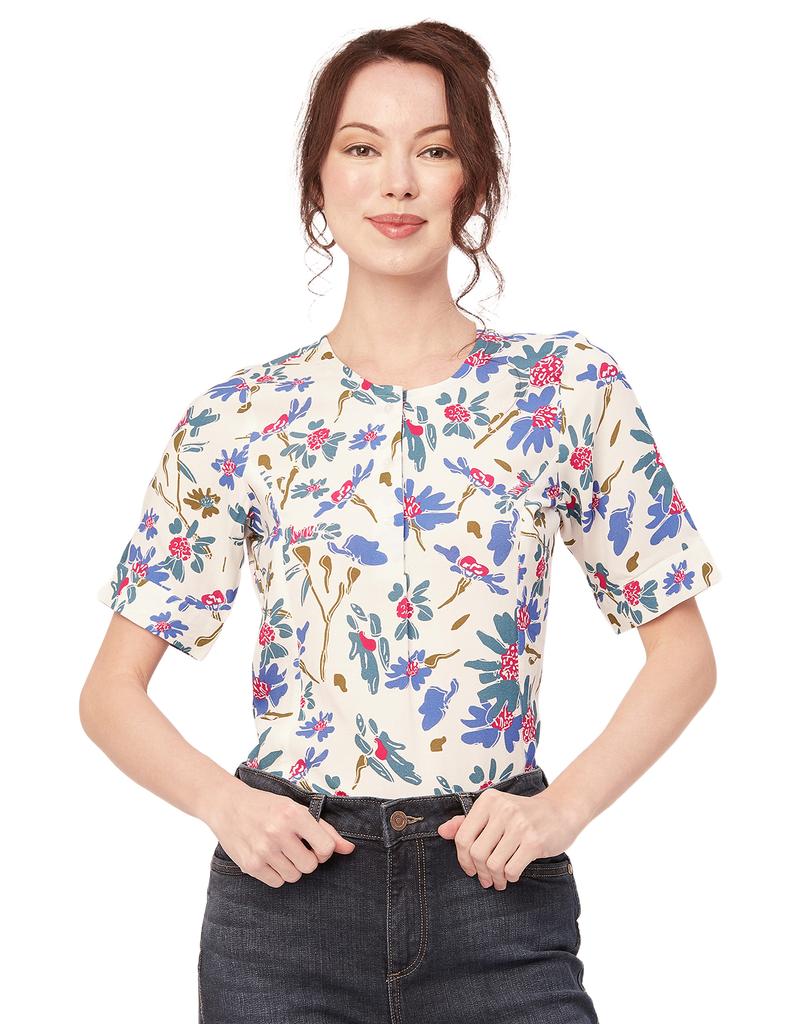 Moomaya Printed Viscose Summer Top For Women, Round Neck Short Sleeves Casual Top