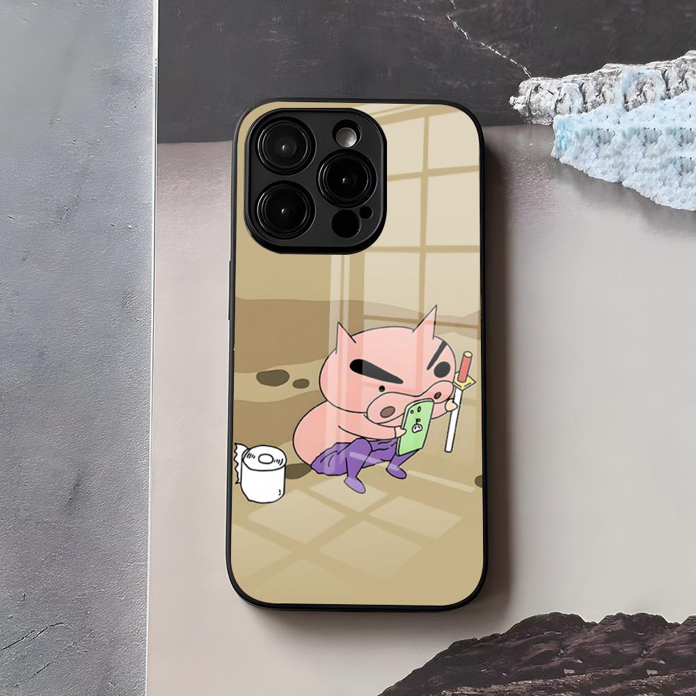 Buriburizaemon Pig Phone Case For IPhone 17 Air 16 E Pro Max 15 14 13 Mini 12 Pro 11 Max Plus Black Glass Cover