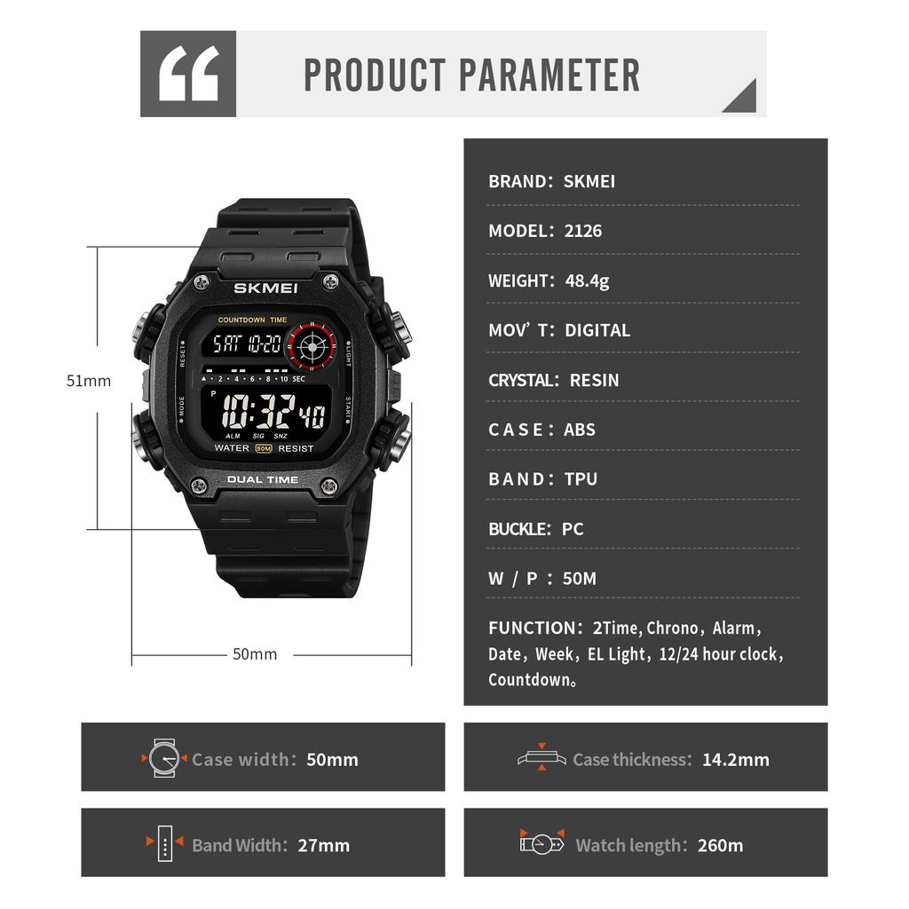 SKMEI Outdoor Digital Sports Electronics Watches For Men Fashion 5Bar Waterproof Stopwatch Wristwatches Alarm Clock Reloj Hombre