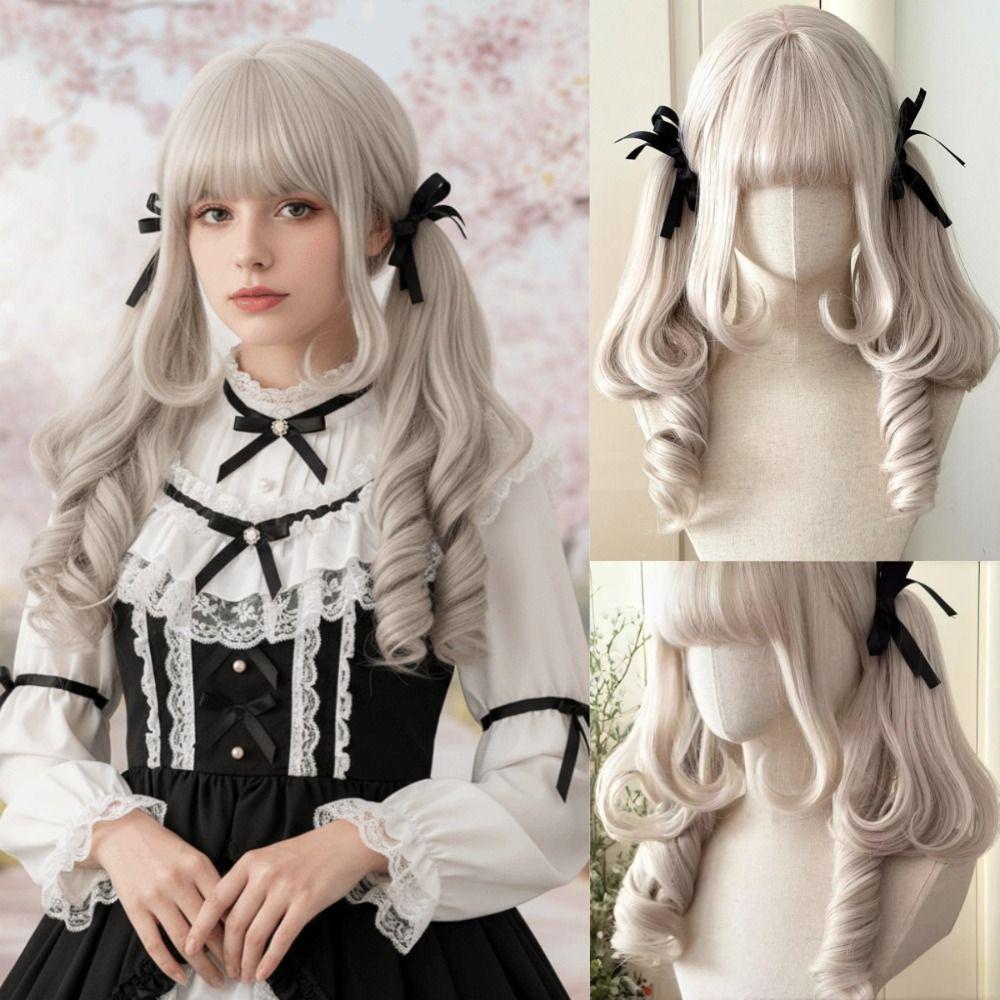 Long Curly Claw Clip Double Ponytail Synthetic Roman Volume Cosplay Wig Lolita Wig with Bangs Girl
