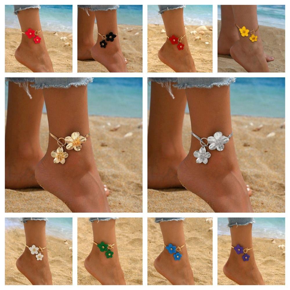 with OT Buckle Oil-Dripped Foot Chain Golden Beach Jewelry Simple Flower Pendant Anklet Women