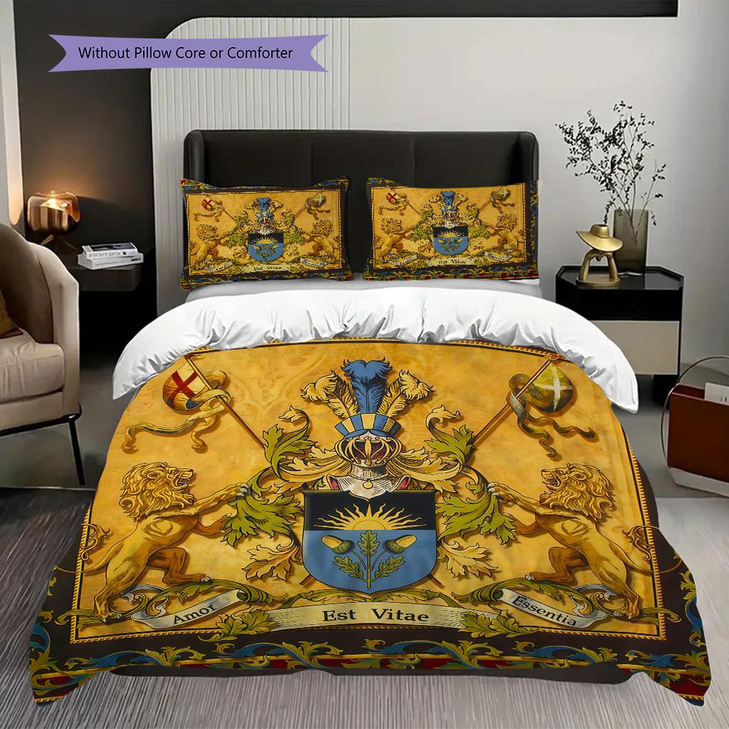 Medieval royal coat of arms and iris bedding, duvet cover, pillowcase, home decoration, birthday gift (1 * duvet cover+2 * pillowcase, coreless)