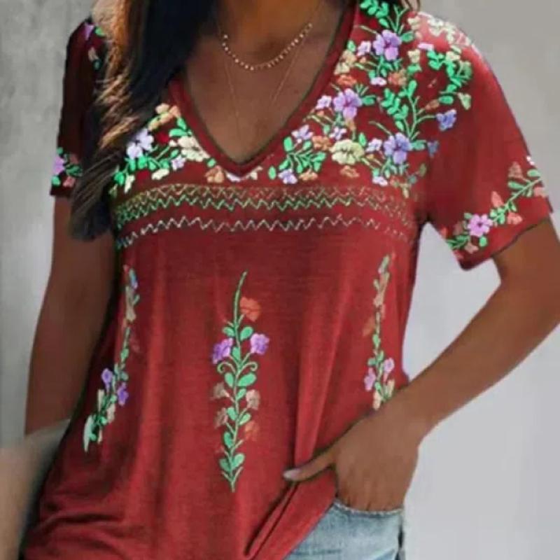 Сексуальная блузка в стиле бохо с v-образным вырезом в стиле пэчворк, топы, лето 2024, женская свободная повседневная футболка с коротким рукавом в этническом стиле, пуловер, S-8XL