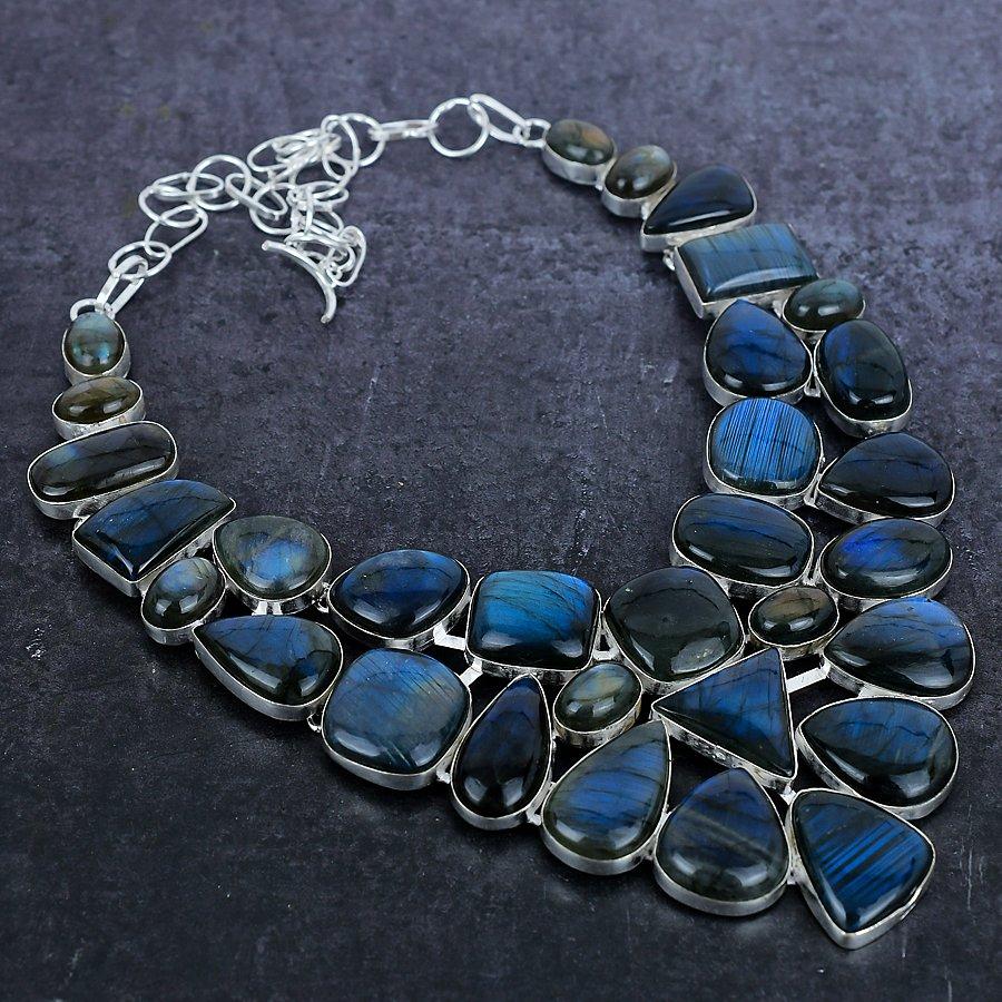 Ожерелье из серебра 925 пробы с драгоценным камнем лабрадоритом ручной работы 18 дюймов o2Q68