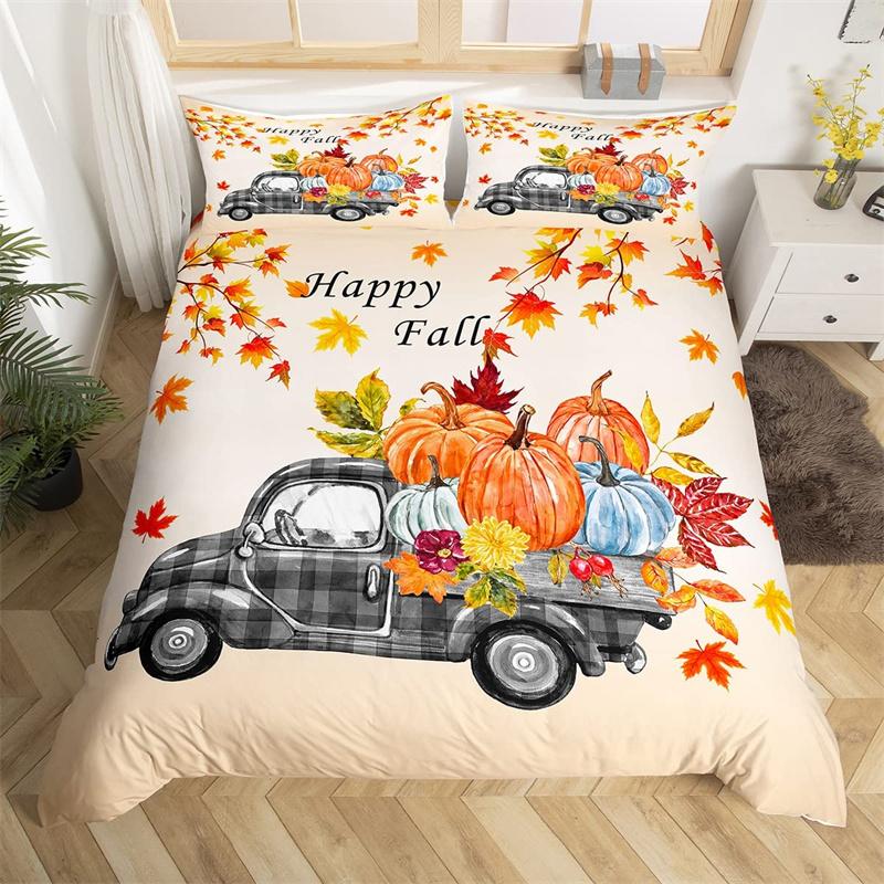 Happy Thanksgiving Duvet Cover Fall Maple Leaf Bedding Collection Microfiber Gnome Gold Pumpkin Farm Harvest Comforter Cover King Size