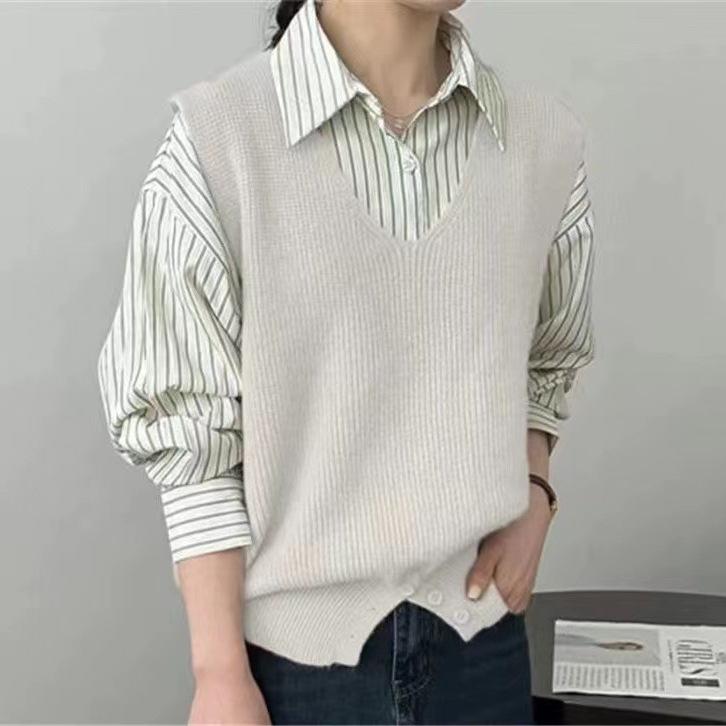 Ленивый дизайн, пуловер, вязаный жилет без рукавов с v-образным вырезом, свитер для женщин, осенне-зимний свободный свитер, жилет, женский топ