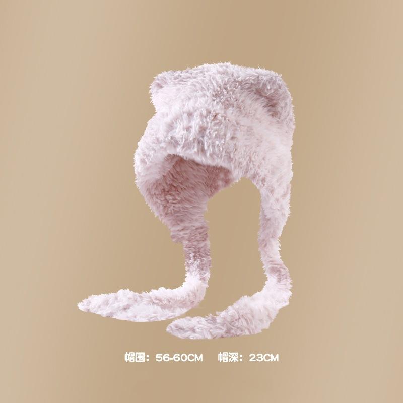 Женская шапка осень/зима 2024 года с милыми медвежьими ушками и мохнатой шеей, большая окружность головы, теплая шерстяная плюшевая шапка Lei Feng