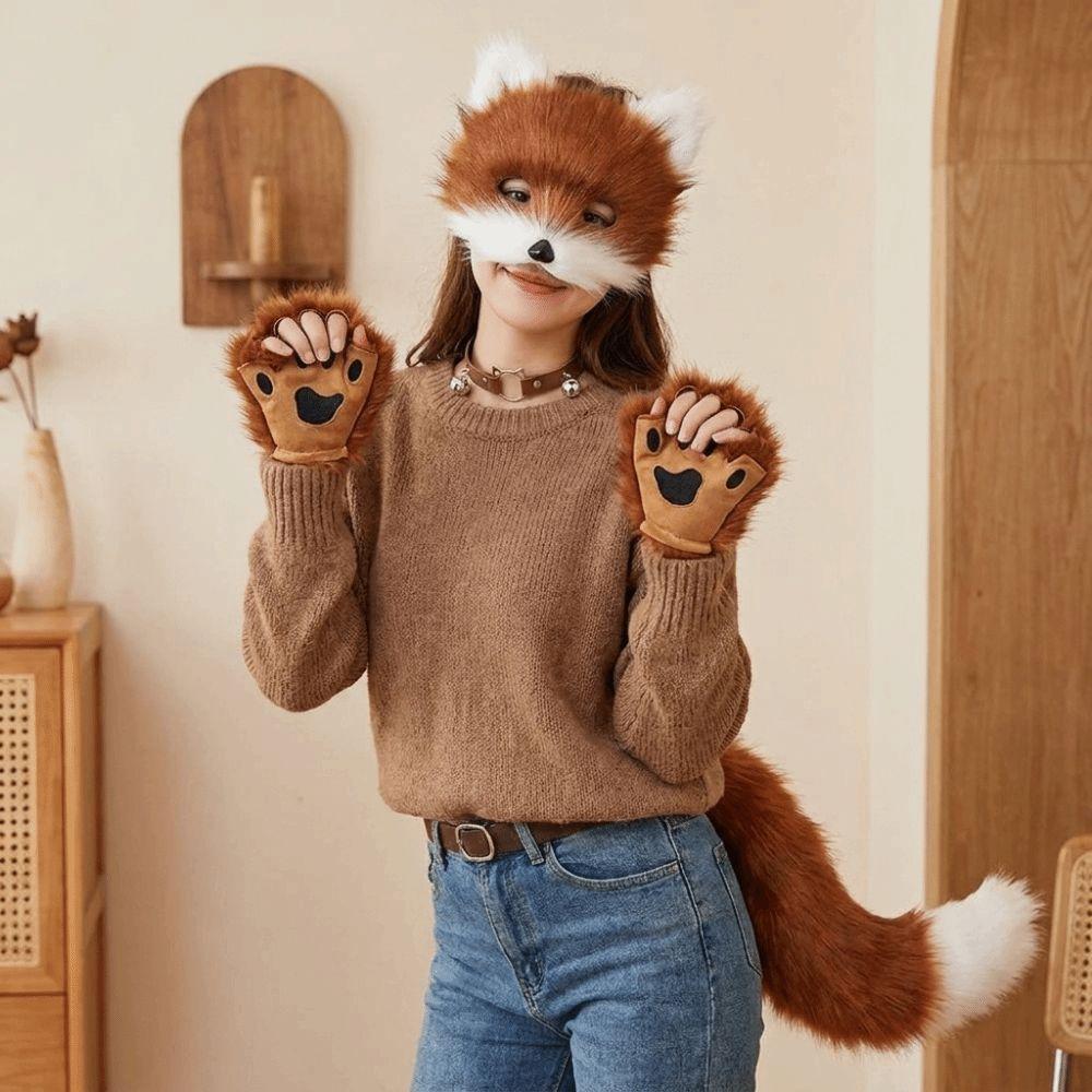 Funny Animal Costume Set Polyester Tail Mask Paw Gloves Full Set Plush Cosplay Mask Masquerade