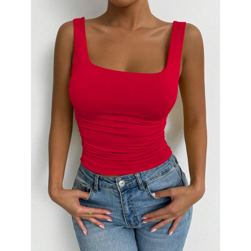 Women's Sleeveless Camisole Vest with Square Neckline, Casual Basic Style, Exposed Navel Top