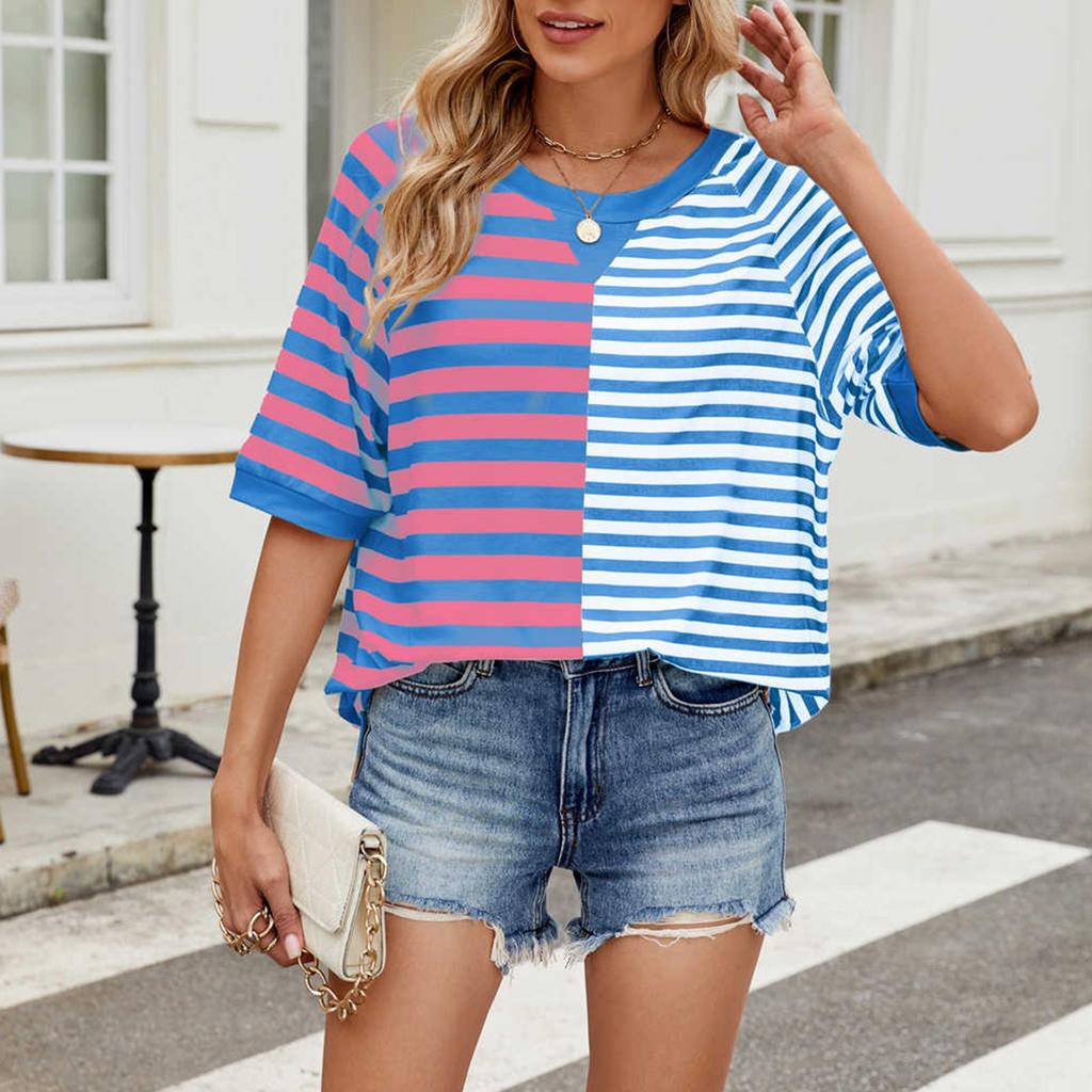 Women's Striped Colorblock Round Neck Loose Short-sleeved Pullover Top