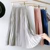 High Waist Satin Metallic Pleated Skirt Spring and Summer Women's Retro Mid-Length Slimming A- Line Skirt