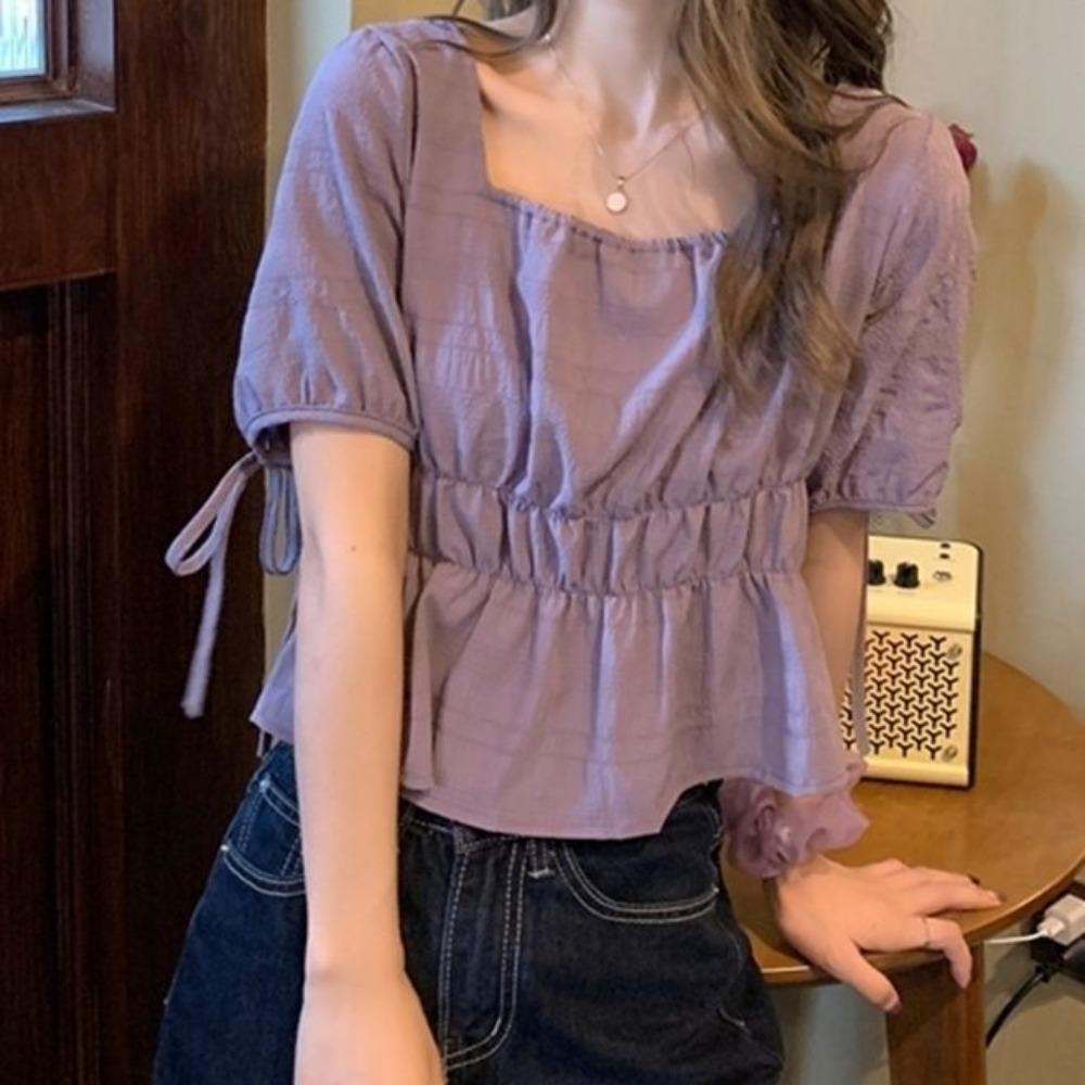 Квадратный вырез Пышный рукав Короткий топ Женская рубашка с коротким рукавом Дизайн Ниша