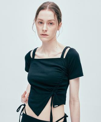 SSY Черная футболка с квадратным вырезом и боковыми сборками, 2-сторонняя