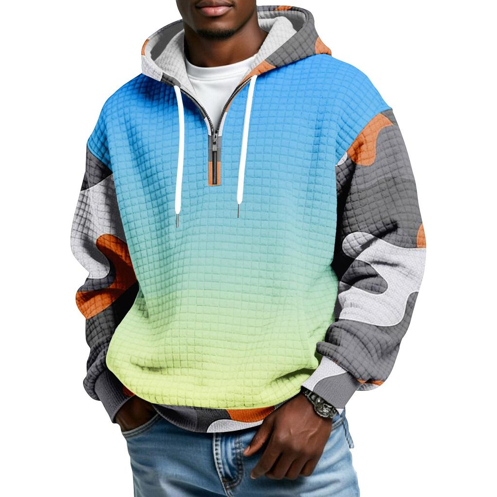 Мужской худи-пуловер в клетку с капюшоном на молнии до середины, со шнурком и принтом, повседневная спортивная толстовка