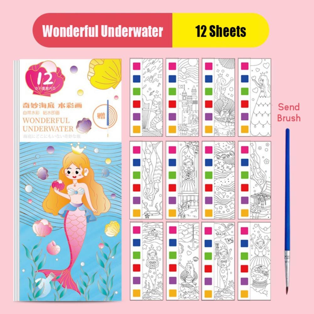 With Painting Brush Watercolor Coloring Book 12 Pages Mini Paint Pad Children