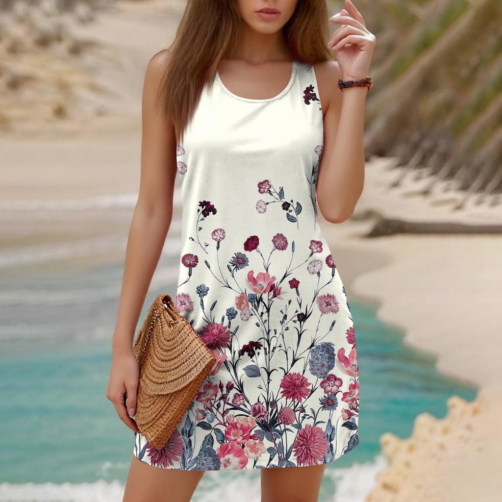 Женское модное повседневное платье с круглым вырезом и принтом без рукавов