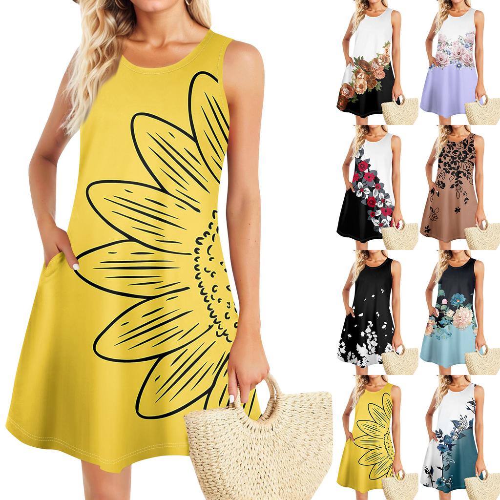 Summer Dresses For Women Beach Boho Sleeveless Vintage Printing Flowy Pocket Tshirt Tank Sundresses