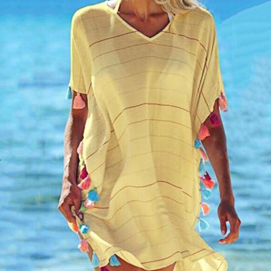 Солнцезащитное платье с v-образным вырезом и коротким рукавом по бокам, полосатый принт, кисточка, мяч, купальник, накидка для бассейна
