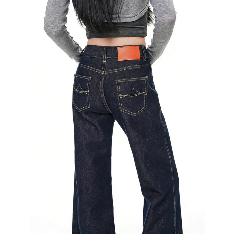 Autumn and winter new American small Spice Girl dark blue low waist micro-horn retro wide-leg thin jeans