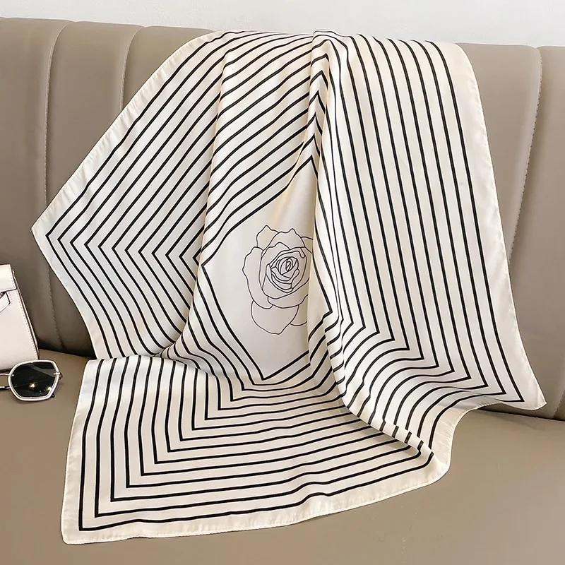 Luxury Stripe Print Silk Square Scarf Women Floral Soft Satin Hairband Kerchief Neckerchief Hijab Headband Foulard Bag Ribbons