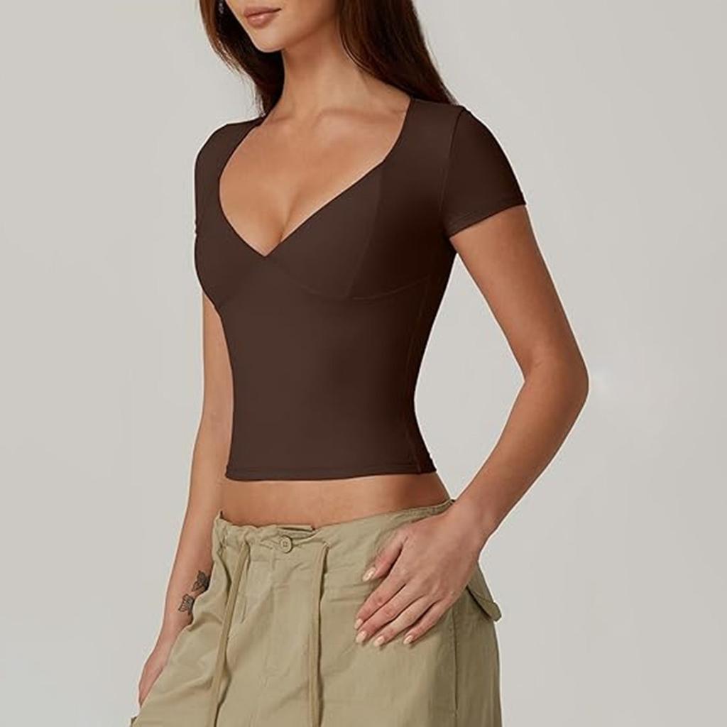 Women's Top Slim Fitting T-Shirt V-Neck Top With Bottom Short Sleeved Sexy Solor Top T-shirt
