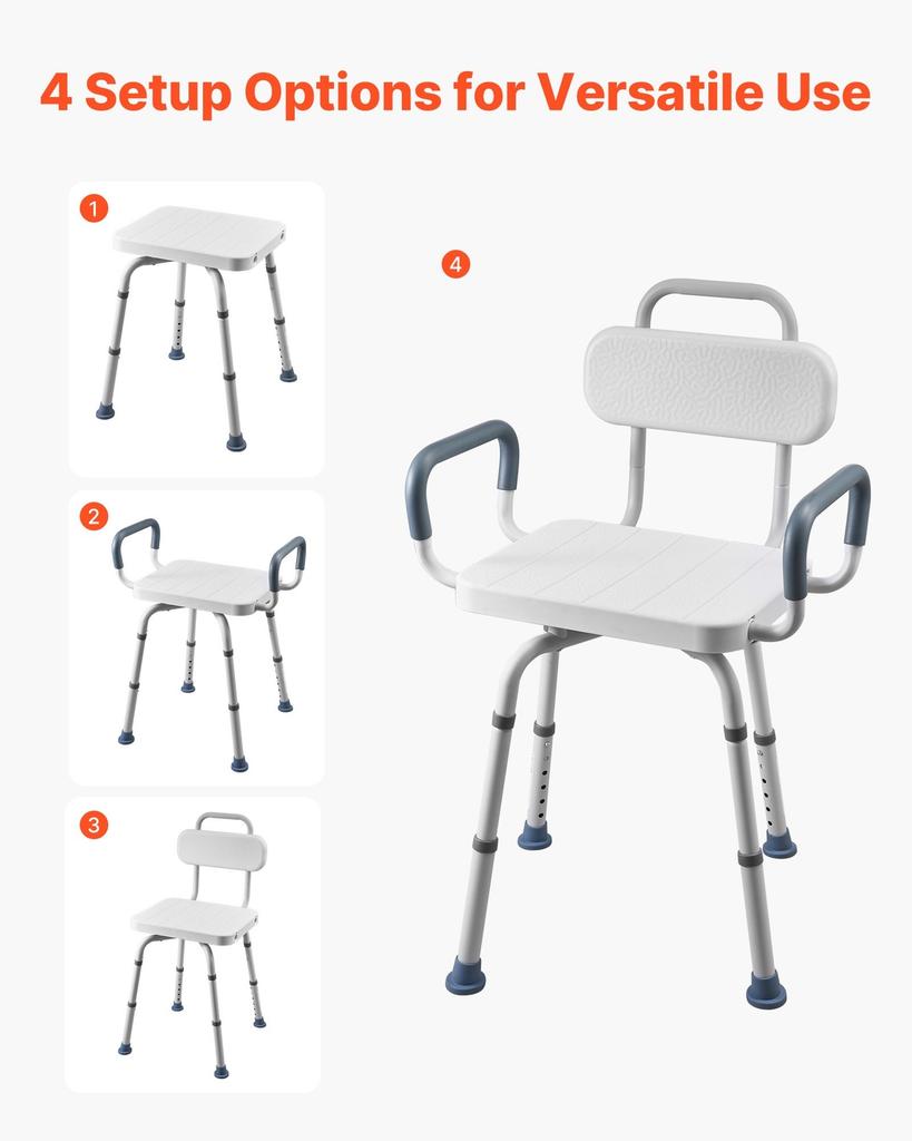 Swivel Shower Chair with Arms and Back, 180 kg Load Heavy Duty Bench Seat for Inside Shower Stall and Bathtub, Height Adjustable Bathroom Bath Tub