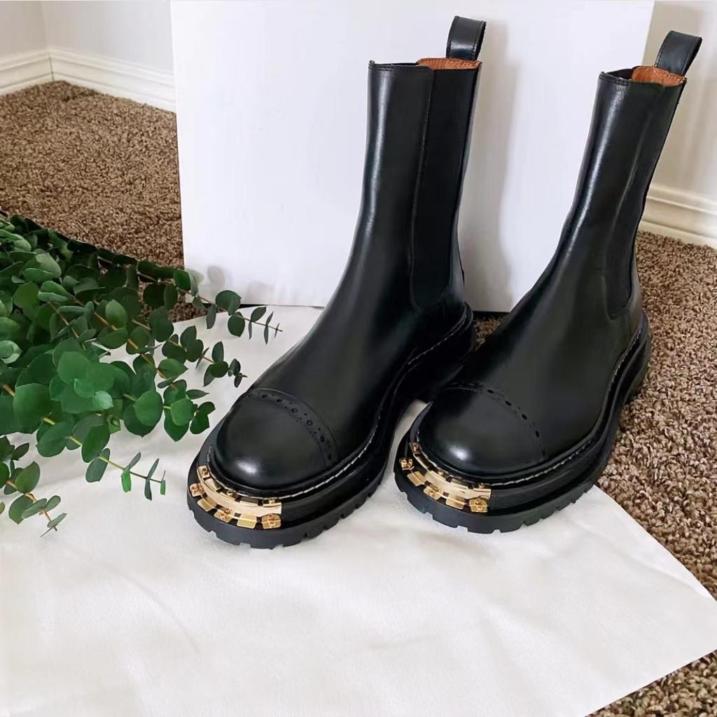 Fashion Women Boots Ladies Metal Square Head Shoes Slip On Ankle Mid Calf Boots Platform Non Slip Leather Soft New Footwear Woman Spring