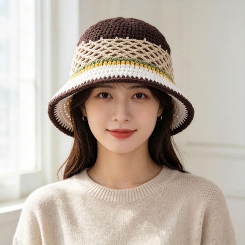 Hand Crochet Color Block Bucket Hat Hollow Mesh Knit Cap Adult Retro Hat