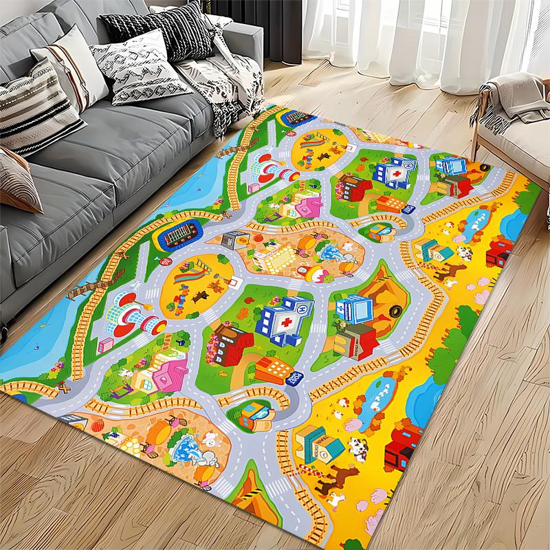 Town Map Pattern Play Rug for Kids Non-slip rug suitable for living room and bedroom sofas.