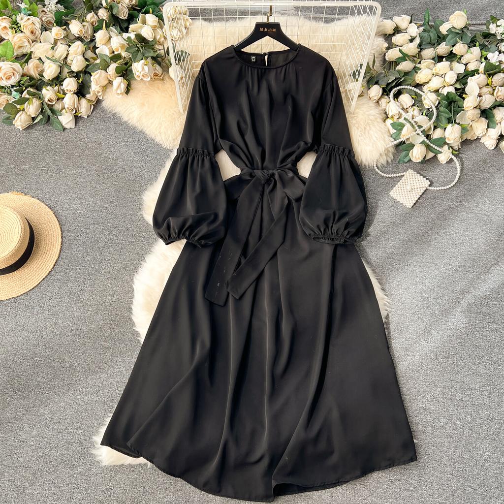 Женские винтажные милые платья средней длины с высокой талией А-силуэта с круглым вырезом и рукавами-фонариками на шнуровке Vestidos весна-лето Женское платье