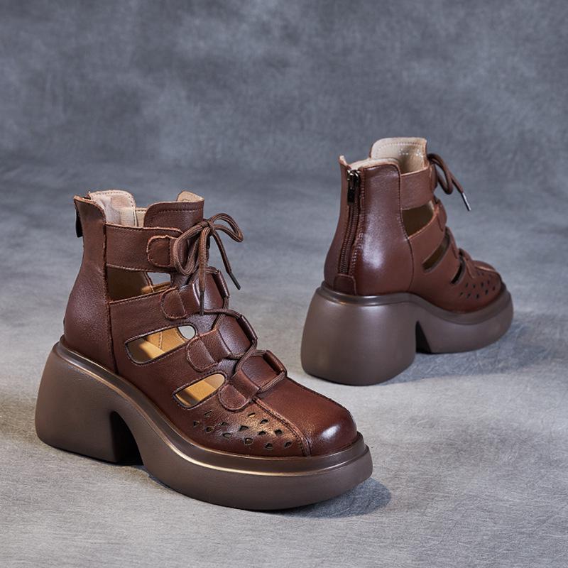 Женские ретро-римские сандалии из коровьей кожи: Коллекция лета 2024 г. — толстая подошва, ажурный дизайн, сетчатый стиль сапог