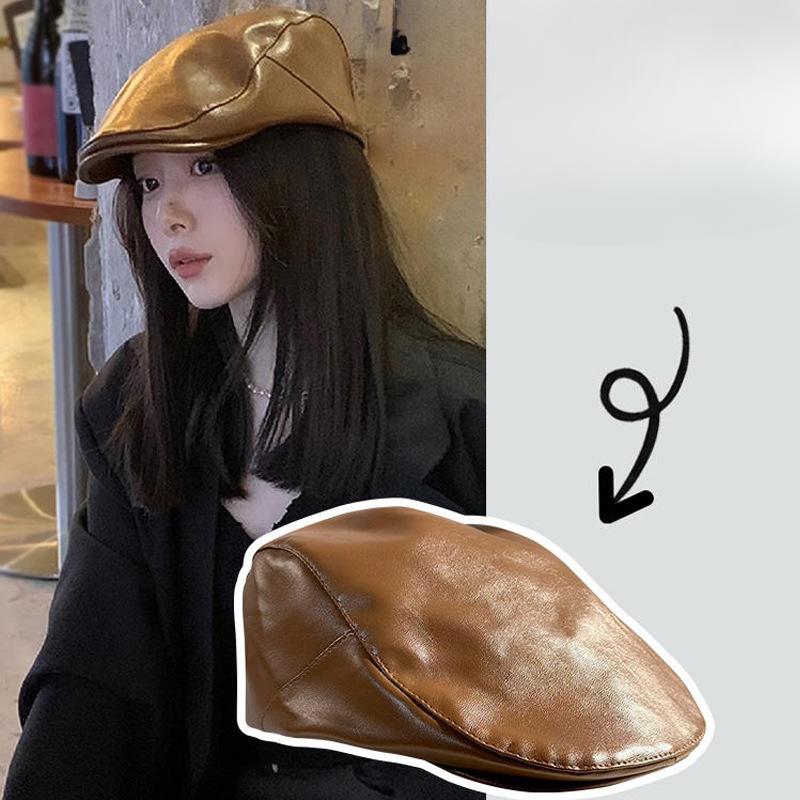 Hat Women's PU Leather Forward Hat Autumn and Winter British Retro American Newspaper Bee Hat Street Versatile Painter Duck Tongue Beret Hat