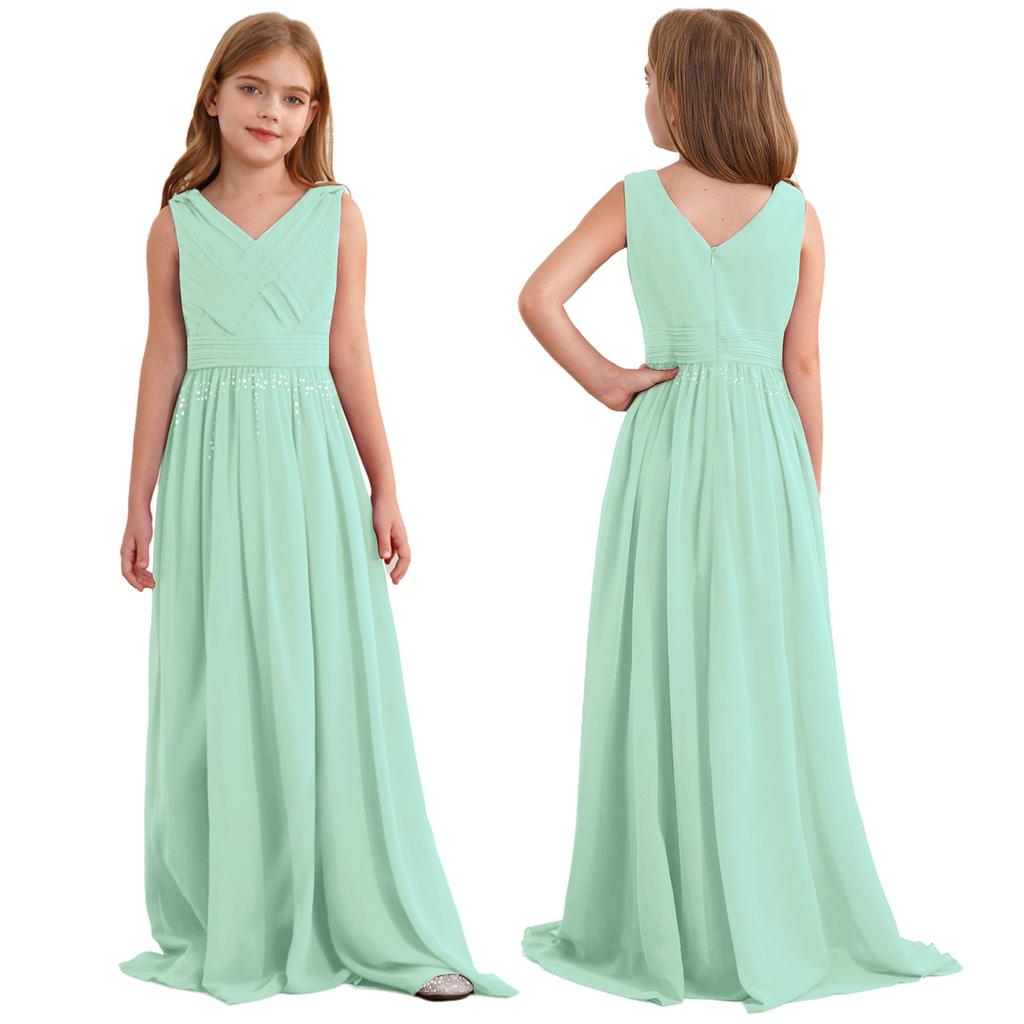 Girls Formal Party Gown V Neck Sleeveless Ruched Interwoven Chiffon Long Dress for Wedding Flower Girl Cocktail