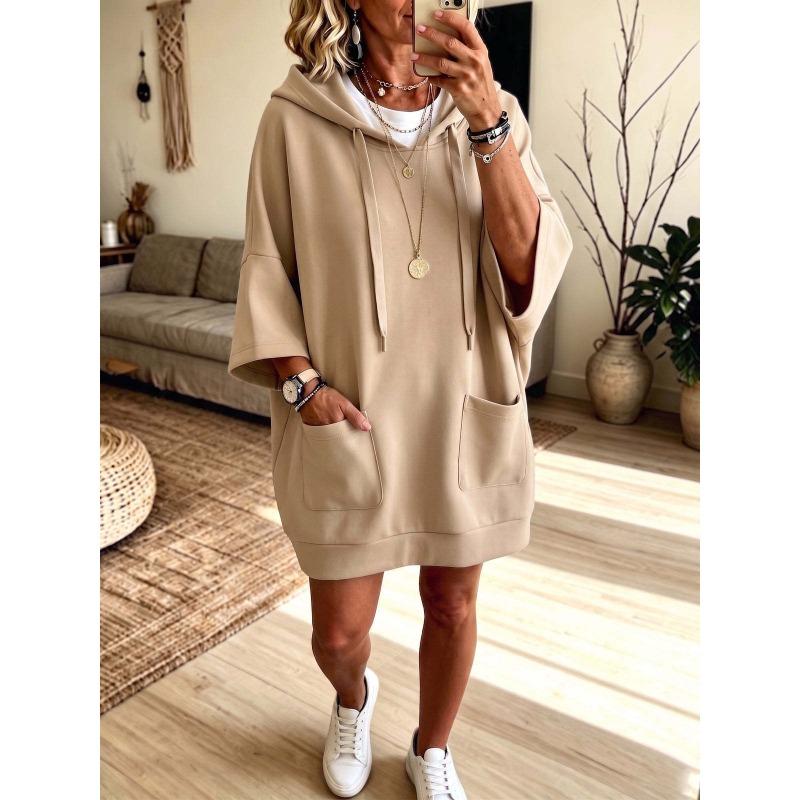 Loose Hooded Solid Color Casual Sweatshirt Dress For Women